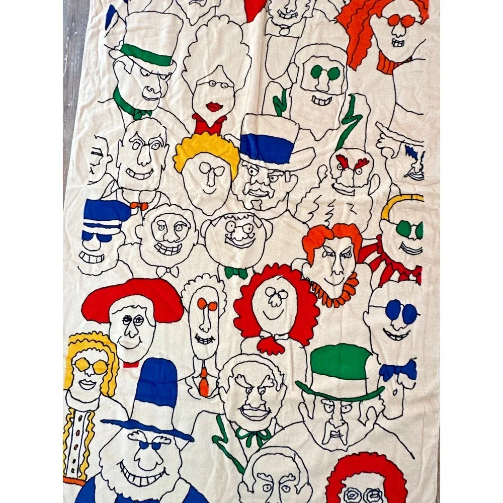 vintage Allen International Large Towel People Faces 60x35 Signed Artist NOS
